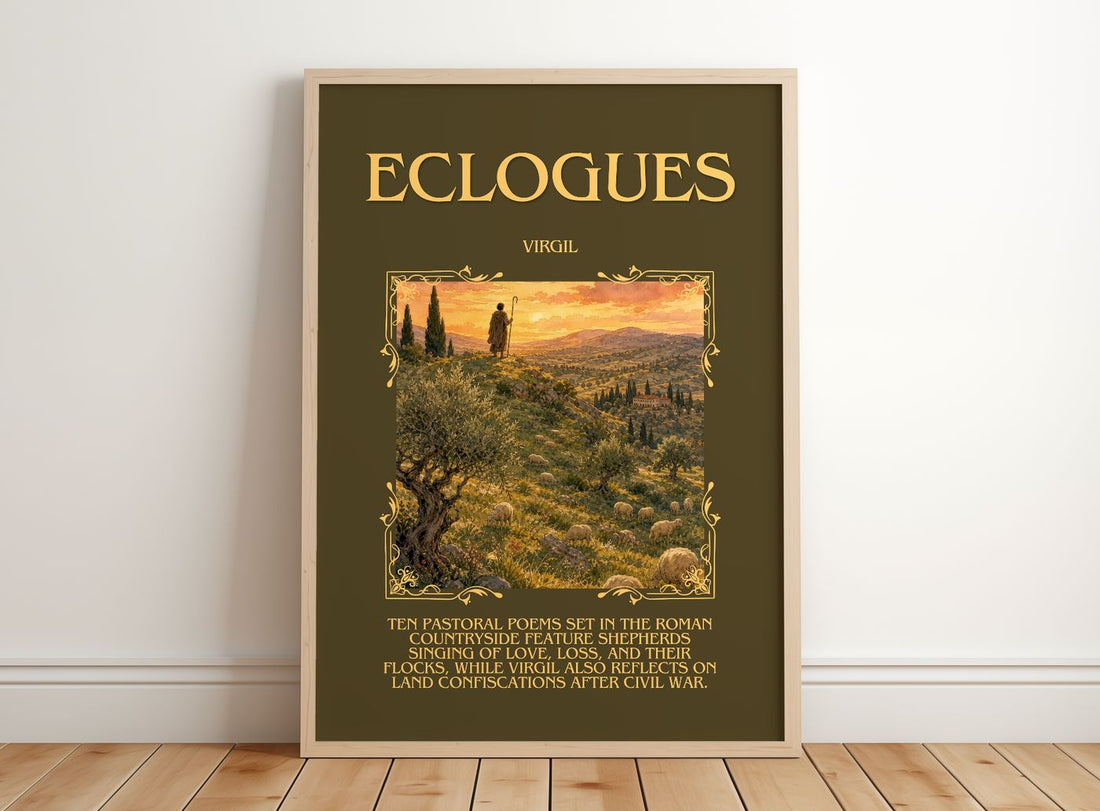 Eclogues Minimalist Book Poster by Virgil – framed print leaning on a wooden floor