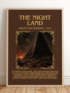 The Night Land Minimalist Book Poster by William Hope Hodgson – framed print leaning on a wooden floor