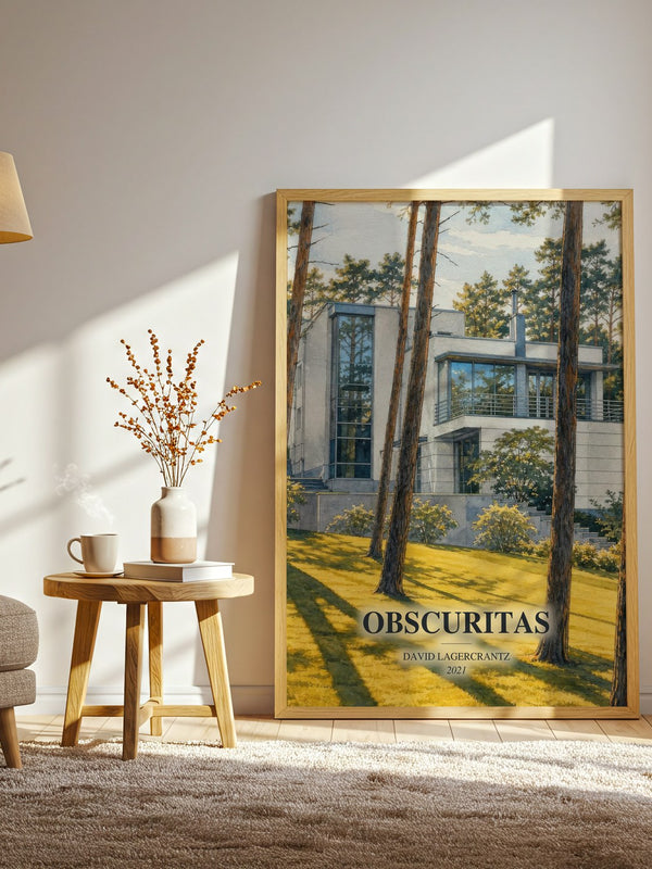 Obscuritas watercolour print in frame leaning in hallway – thriller wall art