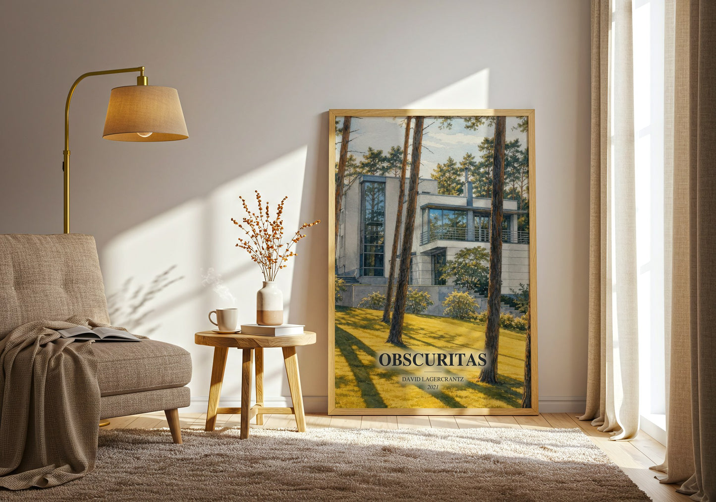 Obscuritas watercolour print in frame leaning in hallway – thriller wall art