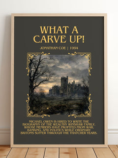 What a Carve Up! Minimalist Book Poster by Jonathan Coe – framed print leaning on a wooden floor