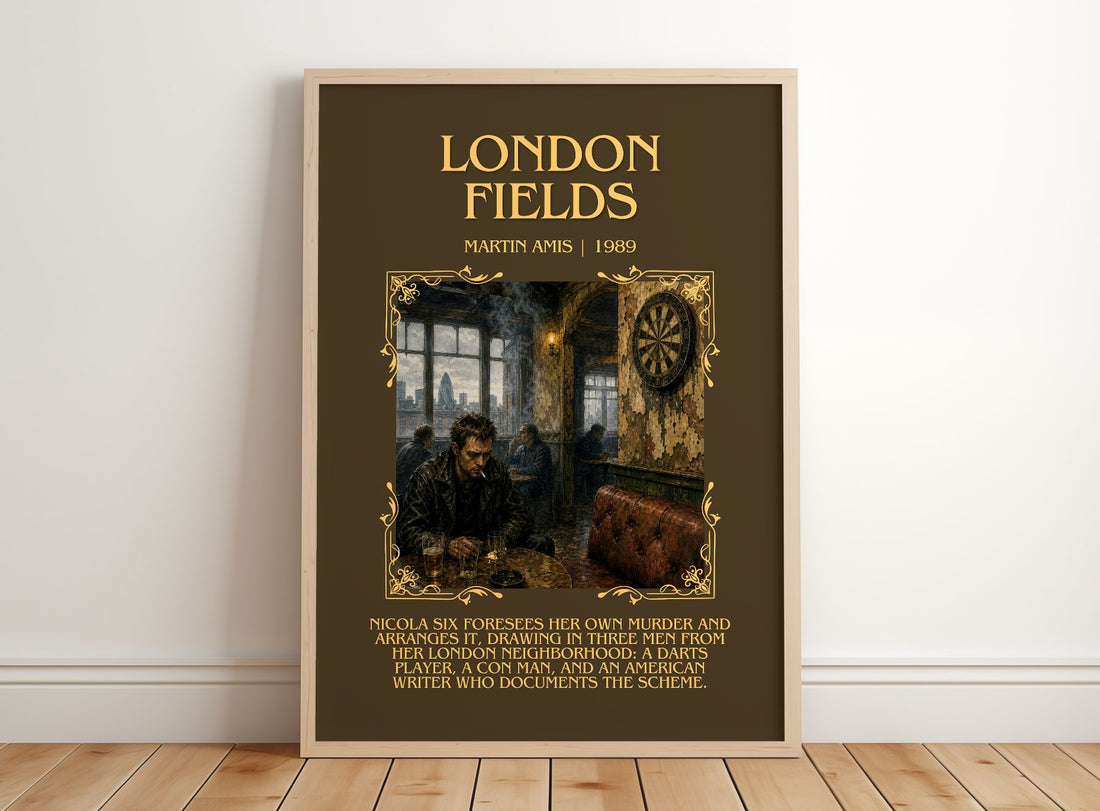 London Fields Minimalist Book Poster by Martin Amis – framed print leaning on a wooden floor