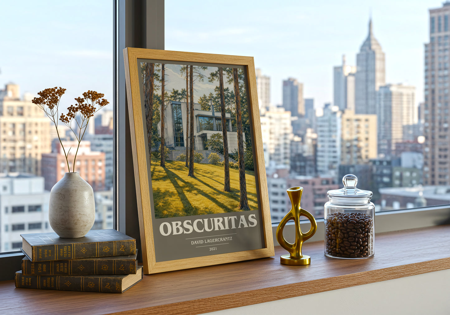 Obscuritas book cover print framed by window – literary home decor
