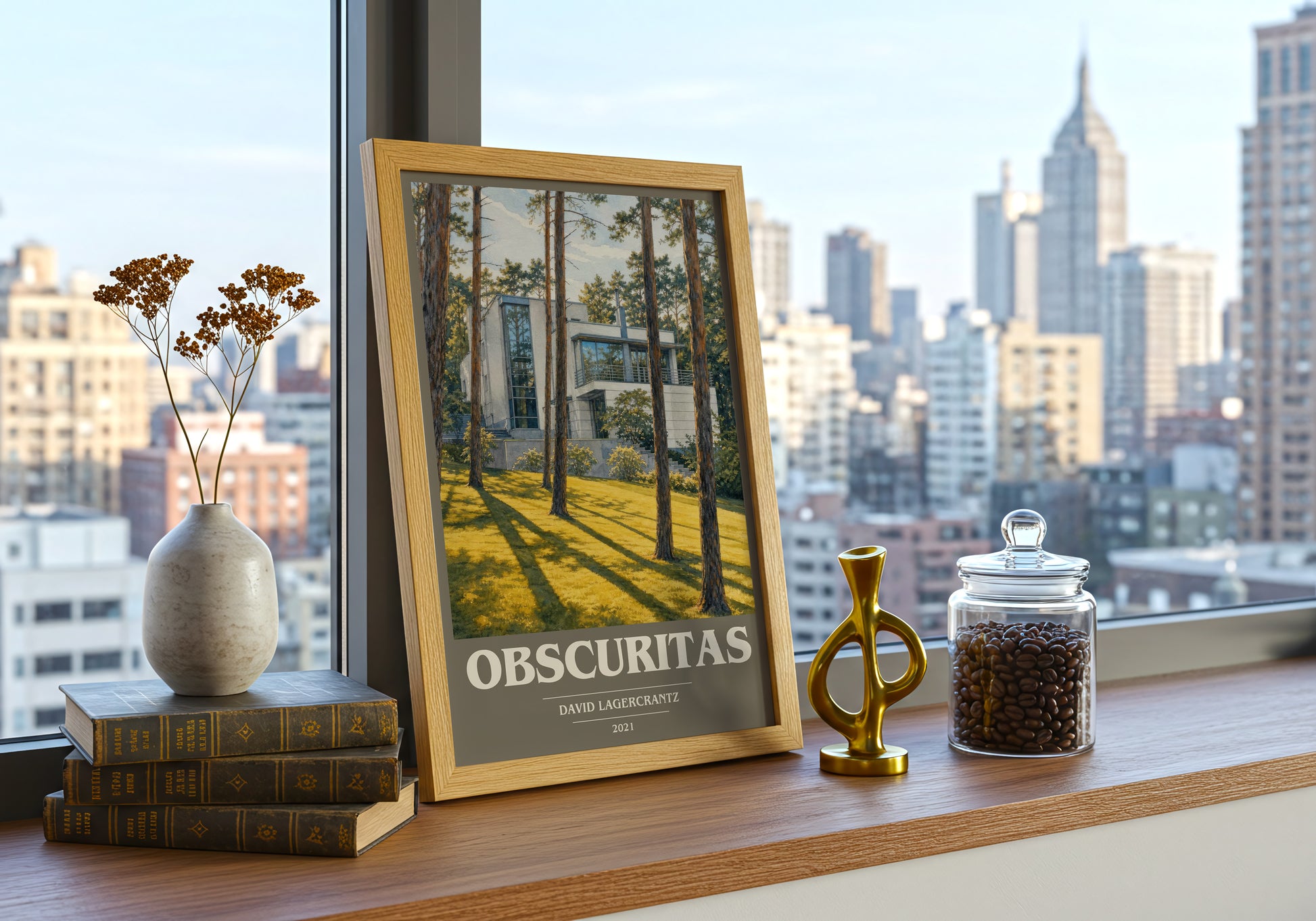 Obscuritas book cover print framed by window – literary home decor