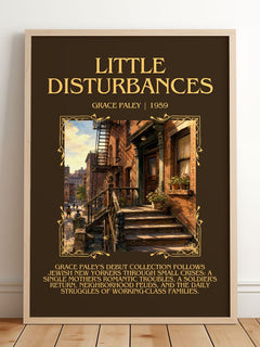 Little Disturbances Minimalist Book Poster by Grace Paley – framed print leaning on a wooden floor