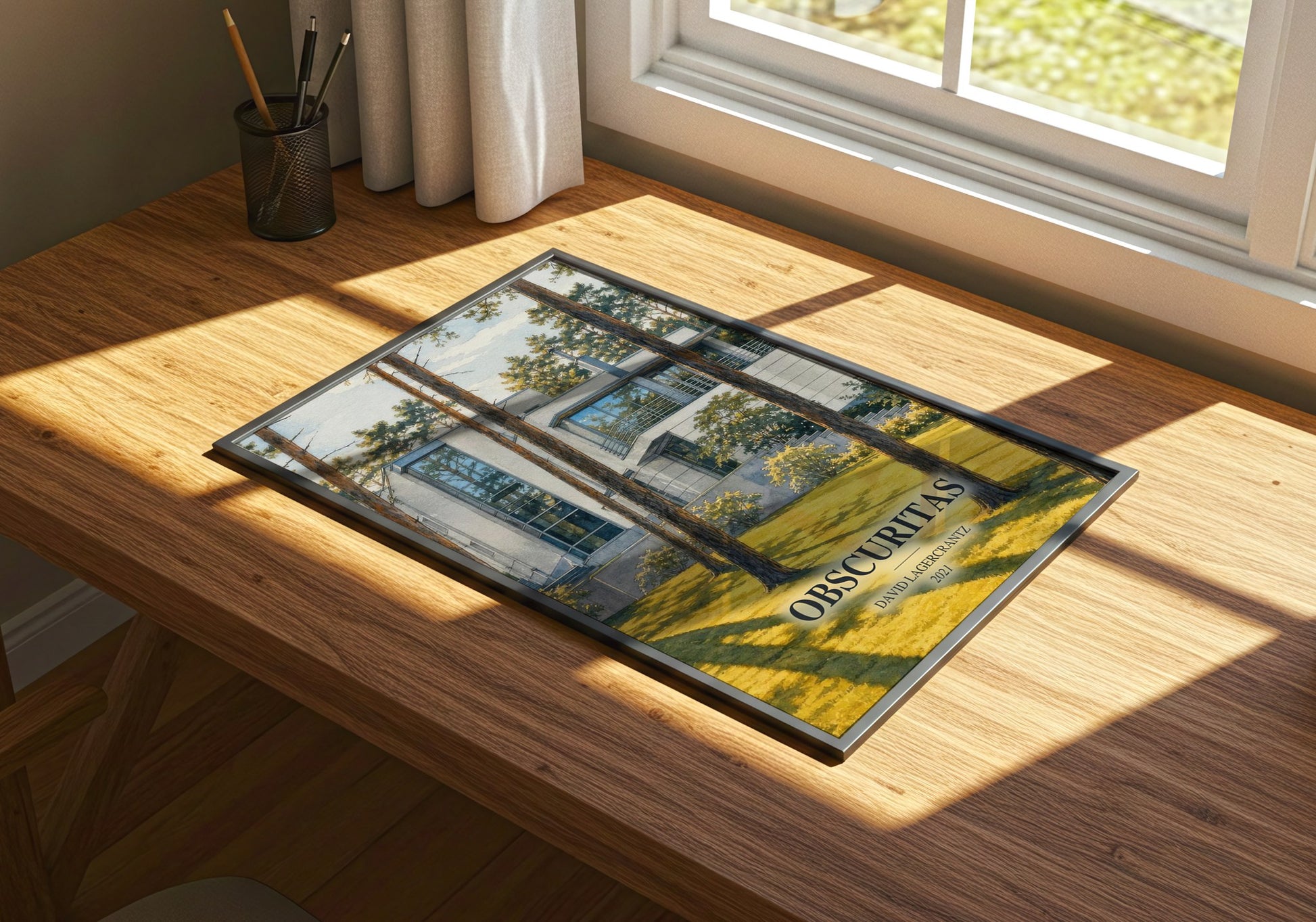 Obscuritas watercolour book poster framed on wall – thriller wall art