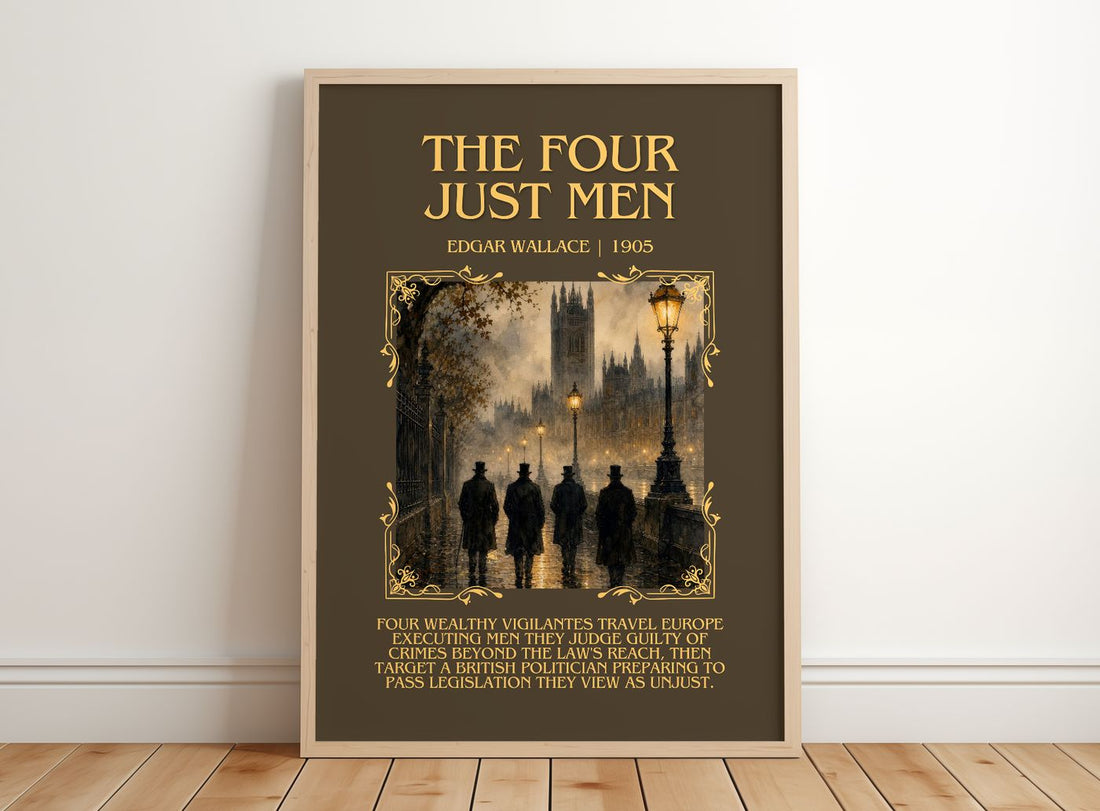 The Four Just Men Minimalist Book Poster by Edgar Wallace – framed print leaning on a wooden floor