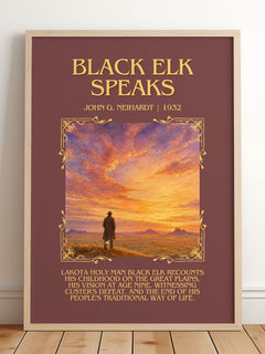 Black Elk Speaks Minimalist Book Poster by John G. Neihardt – framed print leaning on a wooden floor