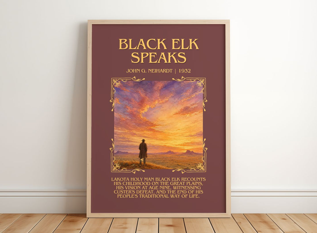 Black Elk Speaks Minimalist Book Poster by John G. Neihardt – framed print leaning on a wooden floor