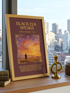 Black Elk Speaks Minimalist Book Poster by John G. Neihardt – framed print on a city-view windowsill
