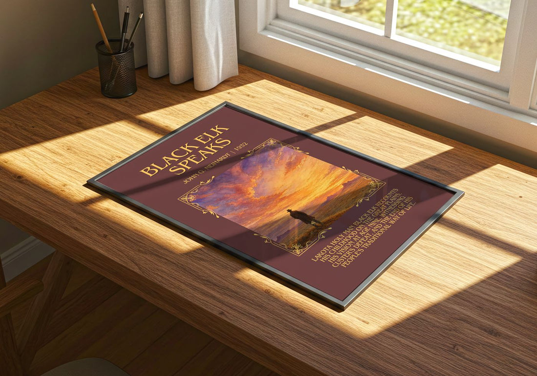 Black Elk Speaks Minimalist Book Poster by John G. Neihardt – print on a sunlit desk