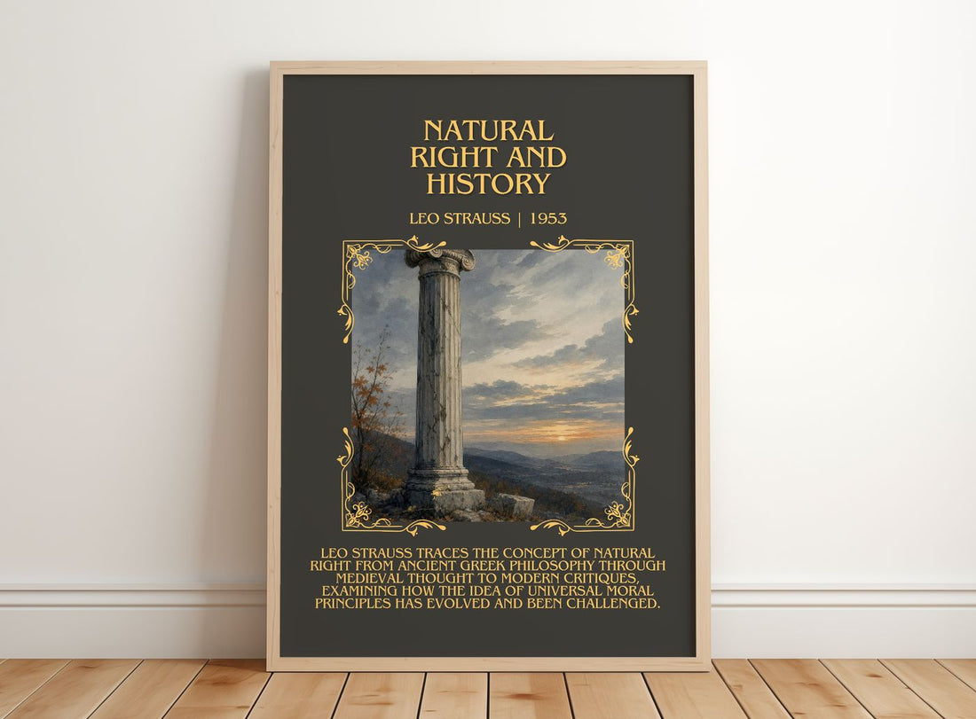 Natural Right and History Minimalist Book Poster by Leo Strauss – framed print leaning on a wooden floor