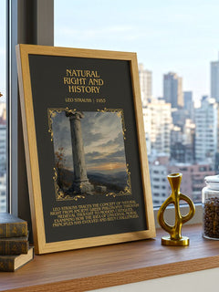 Natural Right and History Minimalist Book Poster by Leo Strauss – framed print on a city-view windowsill