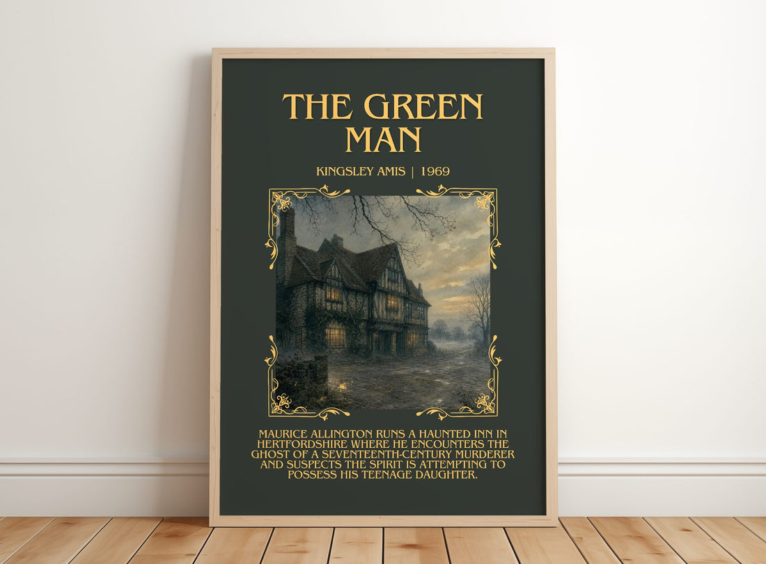 The Green Man Minimalist Book Poster by Kingsley Amis – framed print leaning on a wooden floor