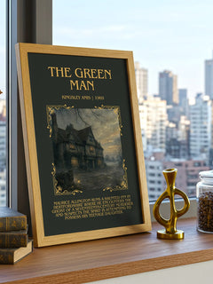 The Green Man Minimalist Book Poster by Kingsley Amis – framed print on a city-view windowsill