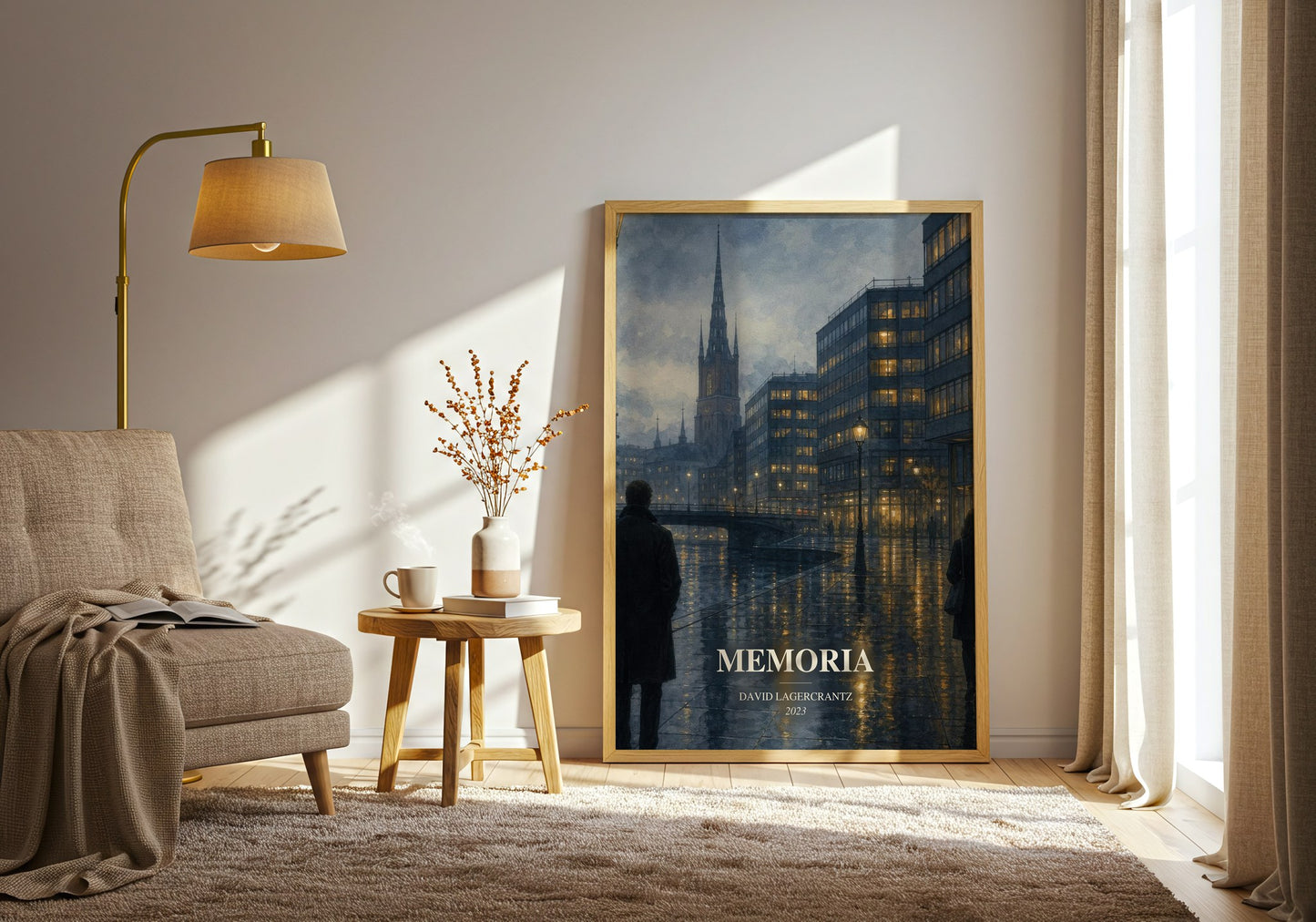 Memoria watercolour print in frame leaning in hallway – thriller wall art