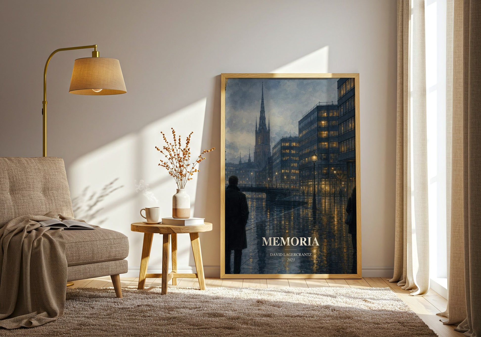 Memoria watercolour print in frame leaning in hallway – thriller wall art