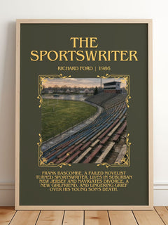 The Sportswriter Minimalist Book Poster by Richard Ford – framed print leaning on a wooden floor