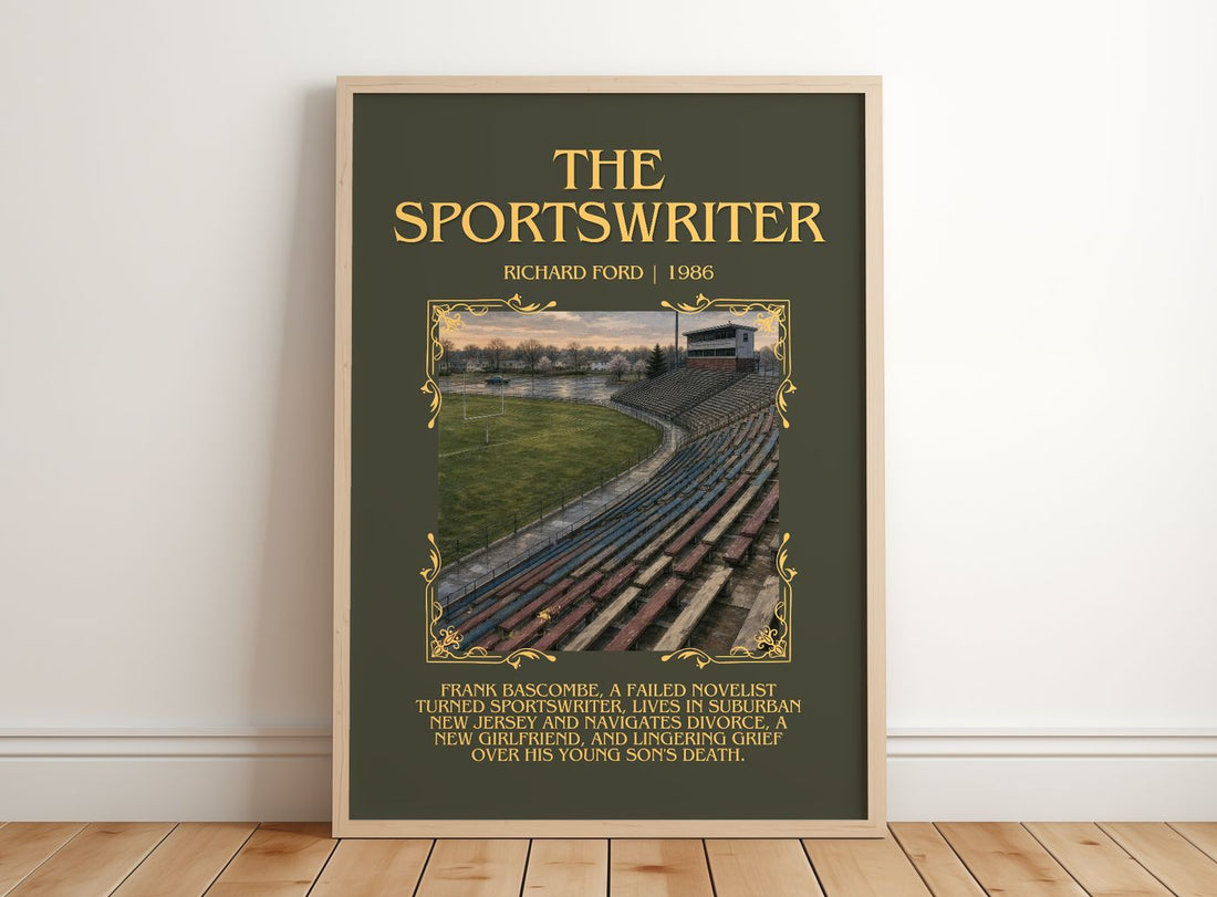 The Sportswriter Minimalist Book Poster by Richard Ford – framed print leaning on a wooden floor