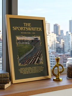 The Sportswriter Minimalist Book Poster by Richard Ford – framed print on a city-view windowsill
