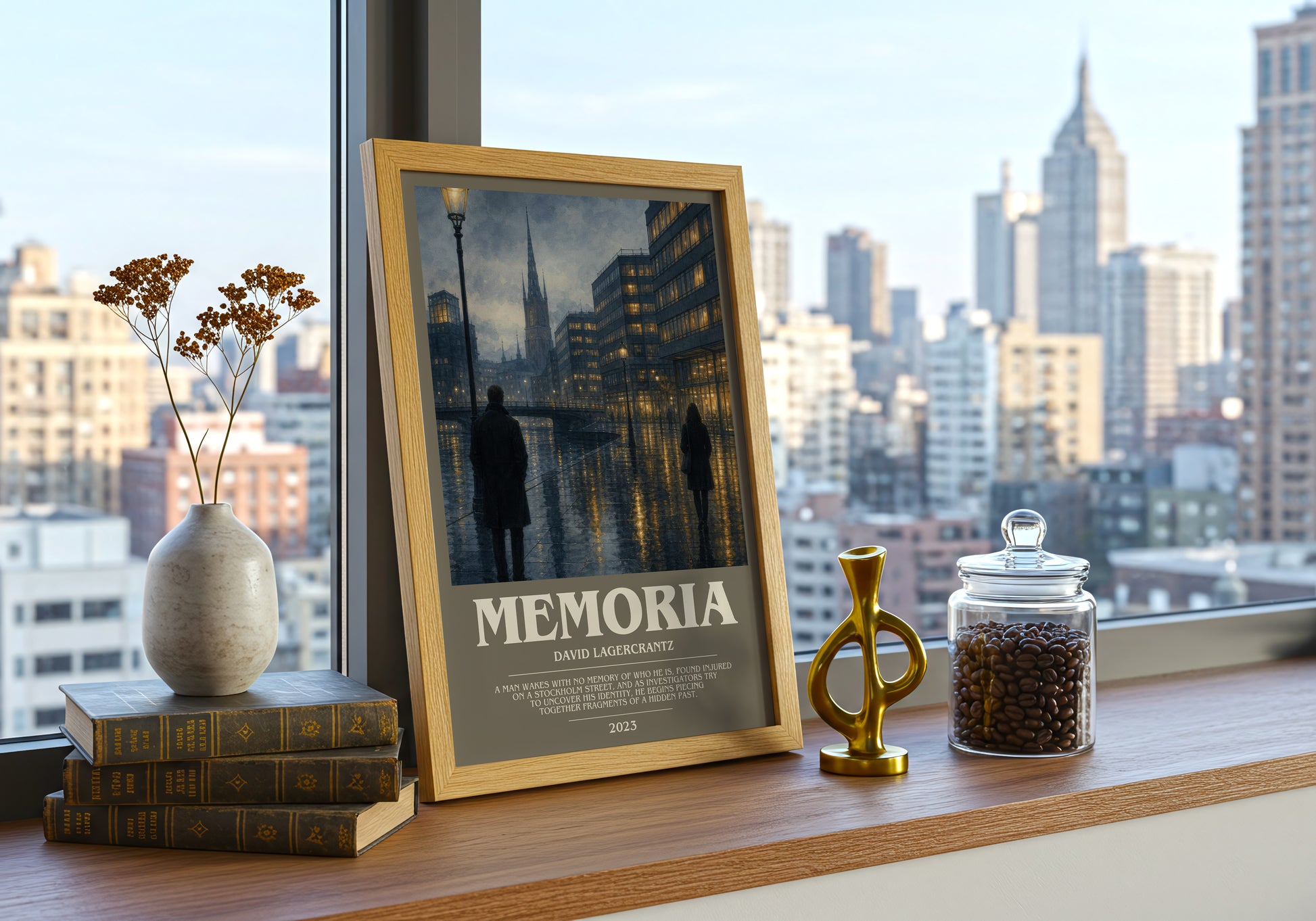 Memoria bookish print framed by window – literary home decor