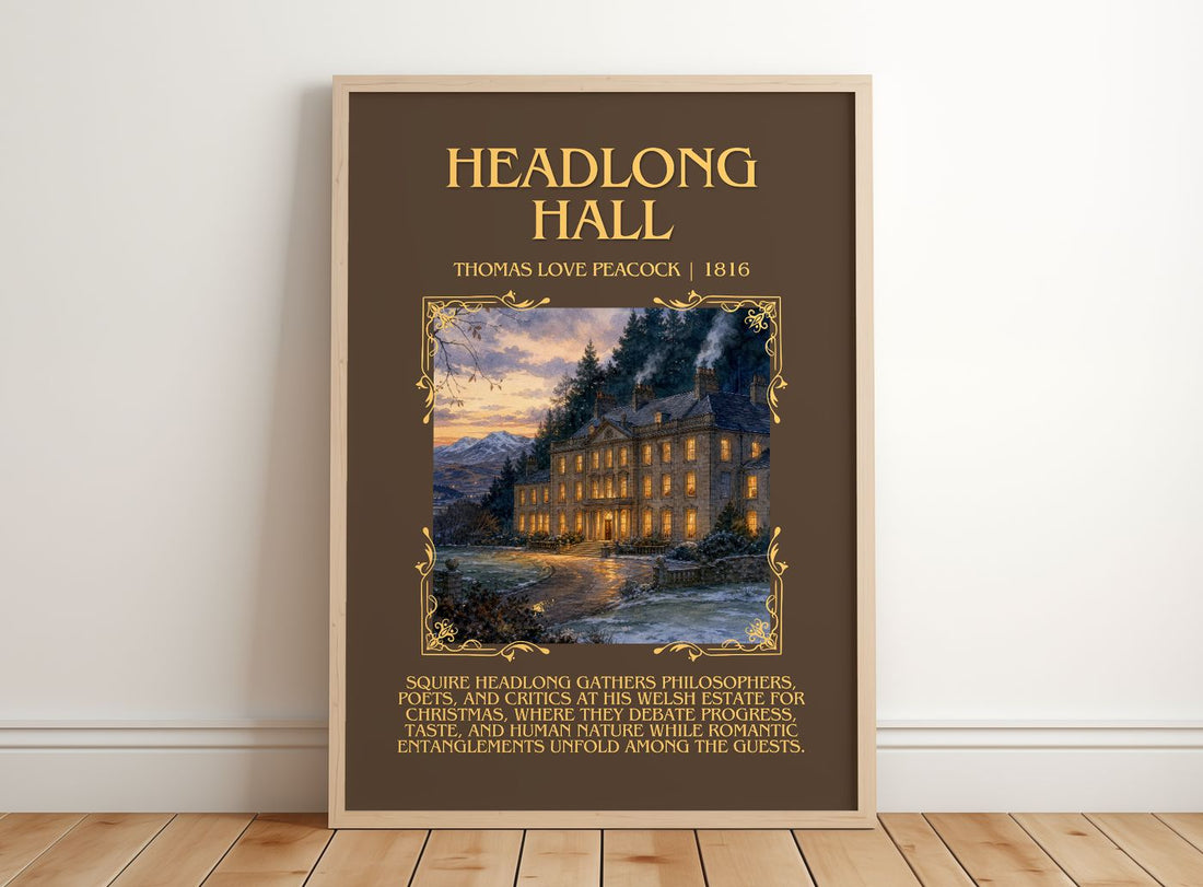 Headlong Hall Minimalist Book Poster by Thomas Love Peacock – framed print leaning on a wooden floor