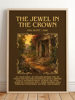 The Jewel In The Crown Minimalist Book Poster by Paul Scott – framed print leaning on a wooden floor