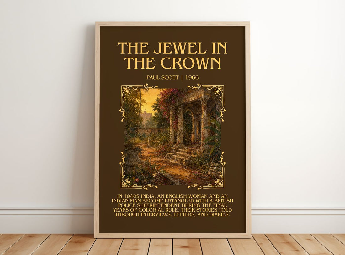 The Jewel In The Crown Minimalist Book Poster by Paul Scott – framed print leaning on a wooden floor