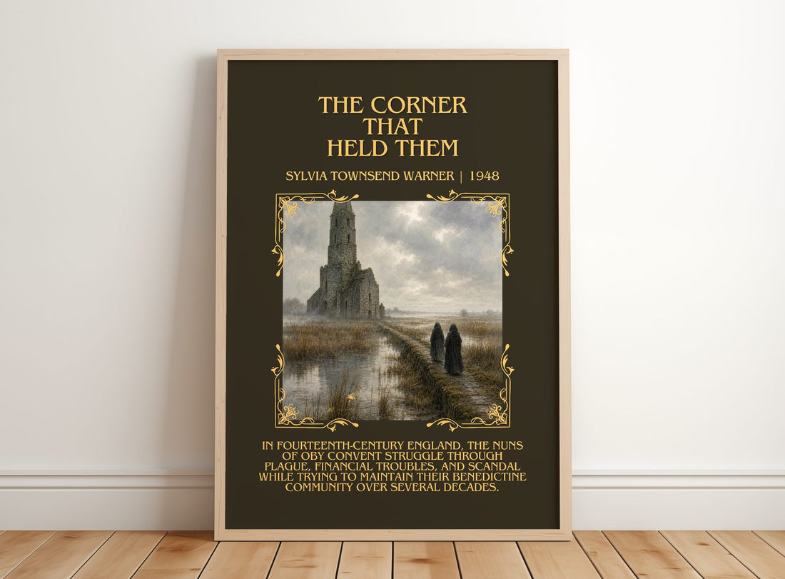 Corner That Held Them Minimalist Book Poster by Sylvia Townsend Warner – framed print leaning on a wooden floor