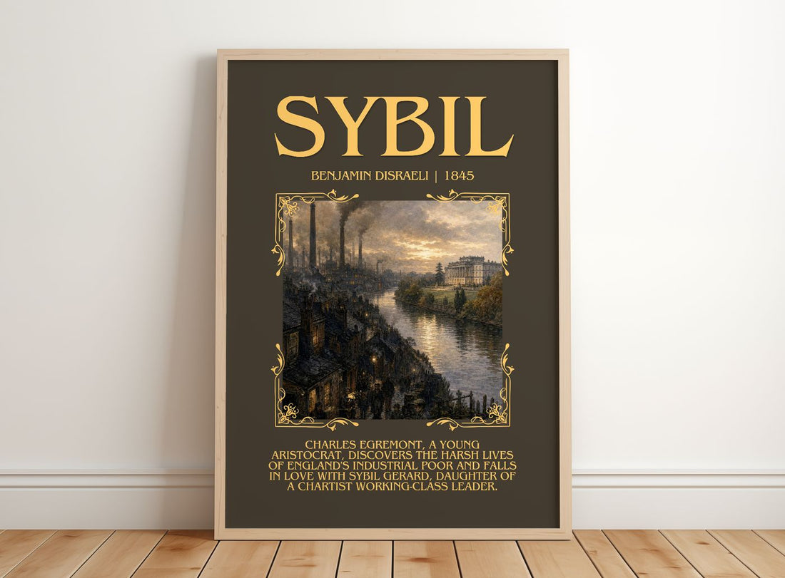 Sybil Minimalist Book Poster by Benjamin Disraeli – framed print leaning on a wooden floor