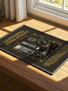 Loitering With Intent Minimalist Book Poster by Muriel Spark – print on a sunlit desk