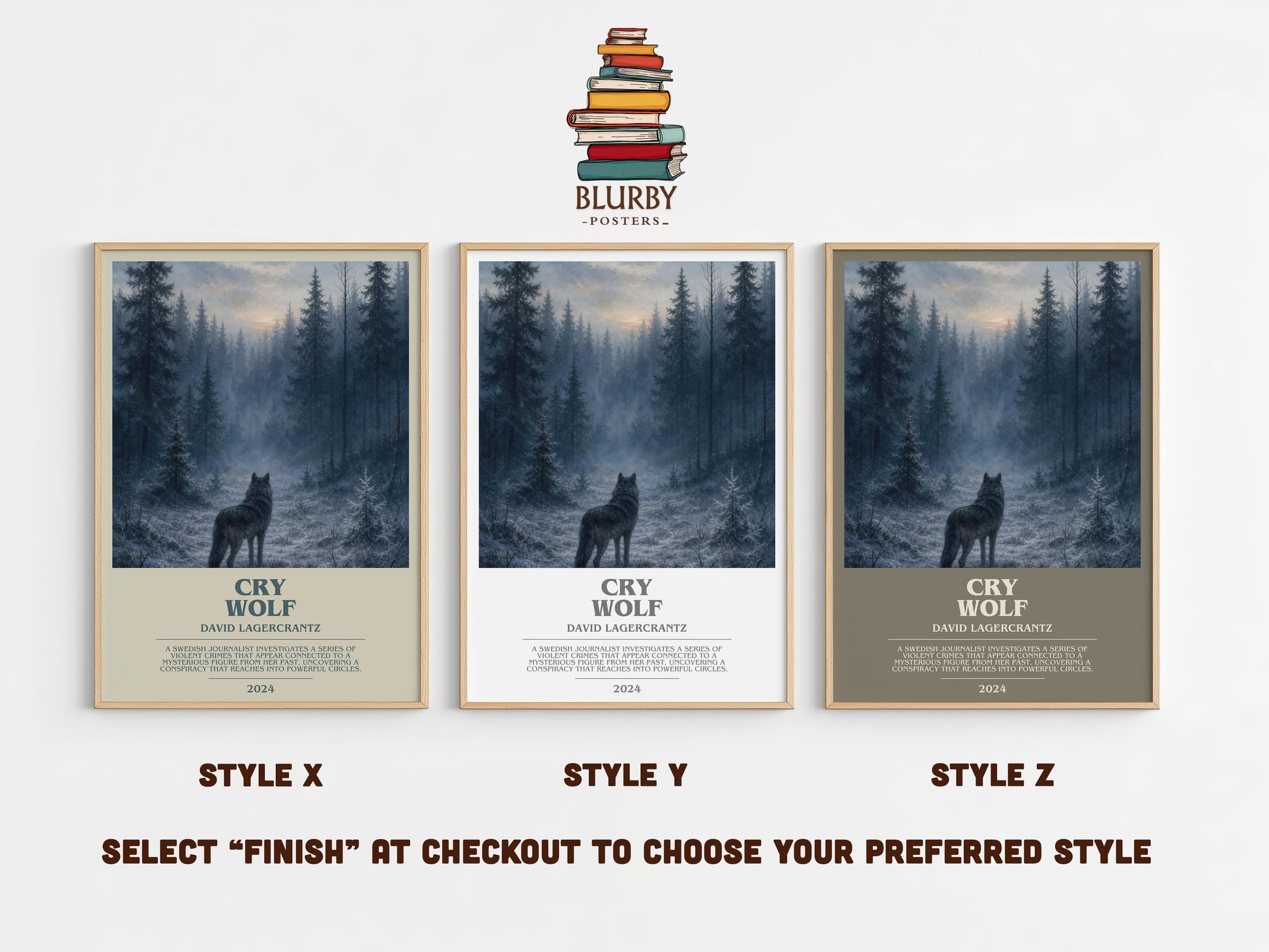 Cry Wolf bookish print in frame leaning in hallway – thriller wall art