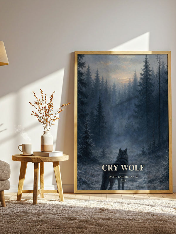 Cry Wolf watercolour print in frame leaning in hallway – thriller wall art