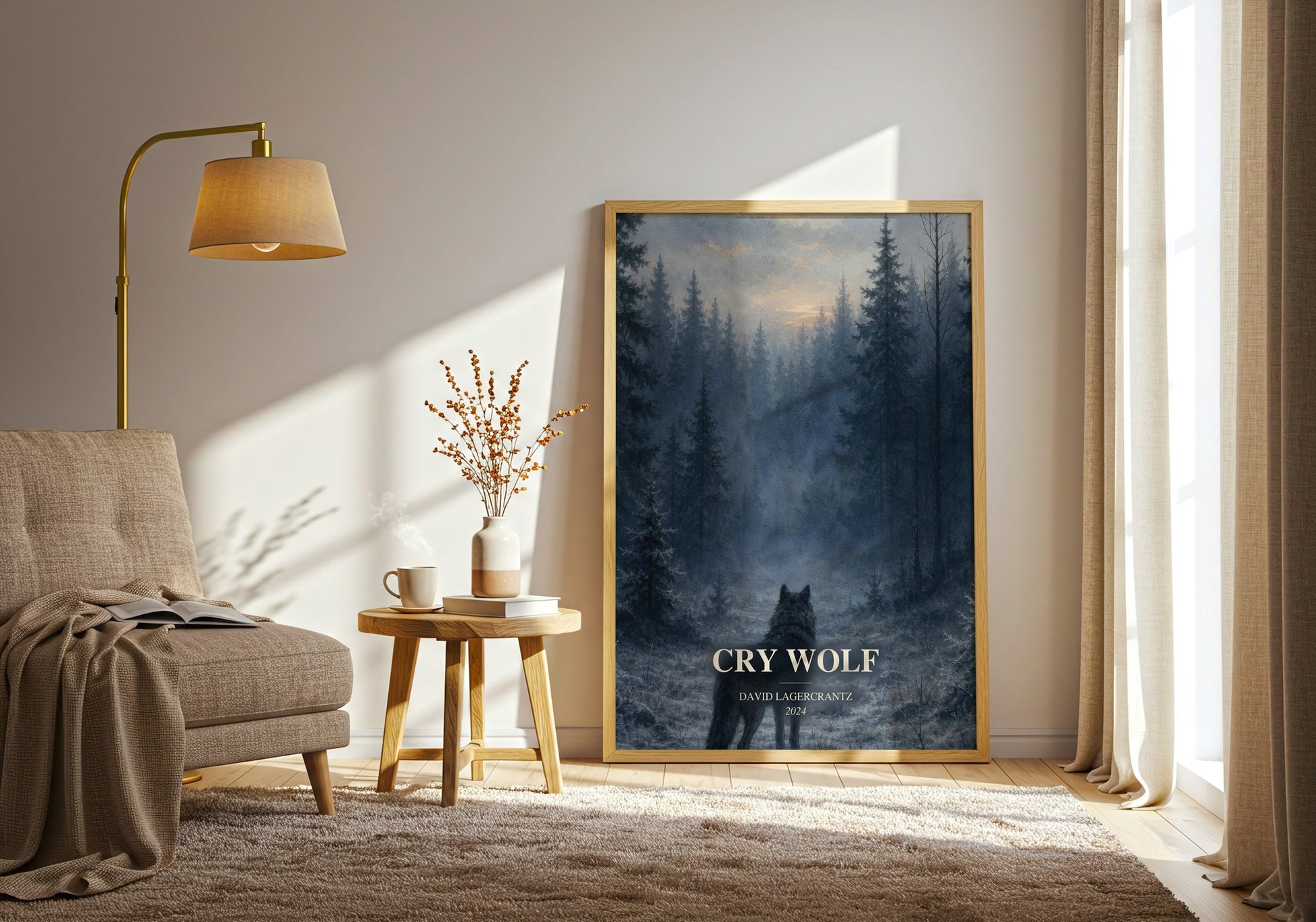 Cry Wolf watercolour print in frame leaning in hallway – thriller wall art