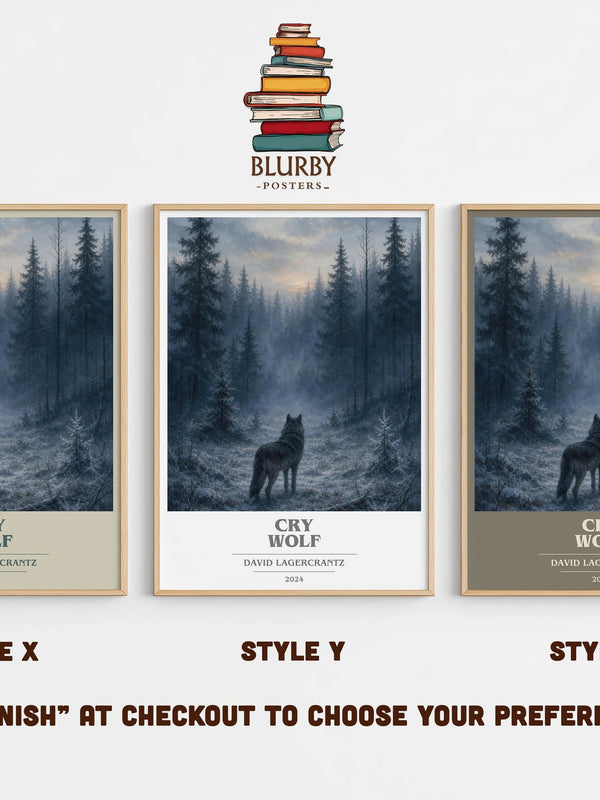 Cry Wolf book cover print in frame leaning in hallway – thriller wall art