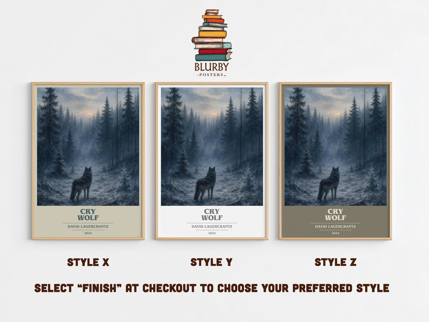 Cry Wolf book cover print in frame leaning in hallway – thriller wall art