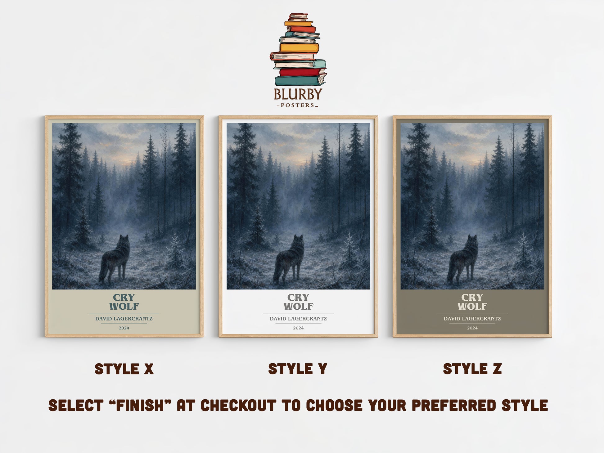 Cry Wolf book cover print in frame leaning in hallway – thriller wall art