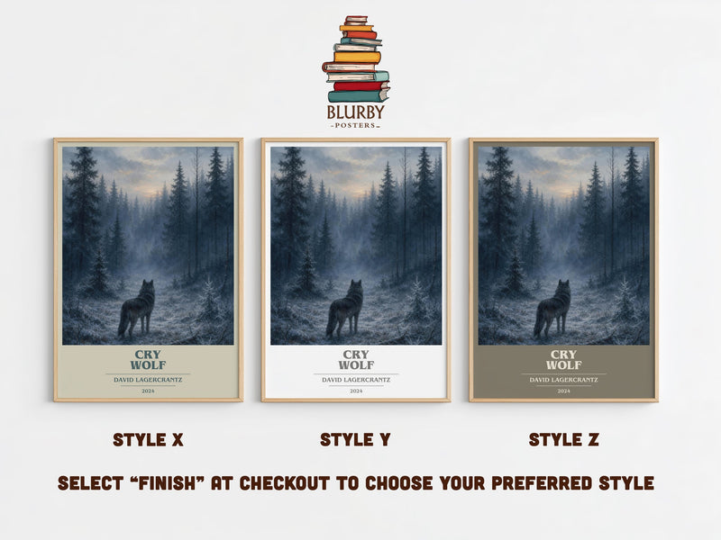 Cry Wolf book cover print in frame leaning in hallway – thriller wall art