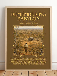 Remembering Babylon Minimalist Book Poster by David Malouf – framed print leaning on a wooden floor