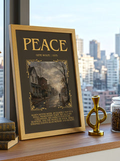 Peace Minimalist Book Poster by Gene Wolfe – framed print on a city-view windowsill