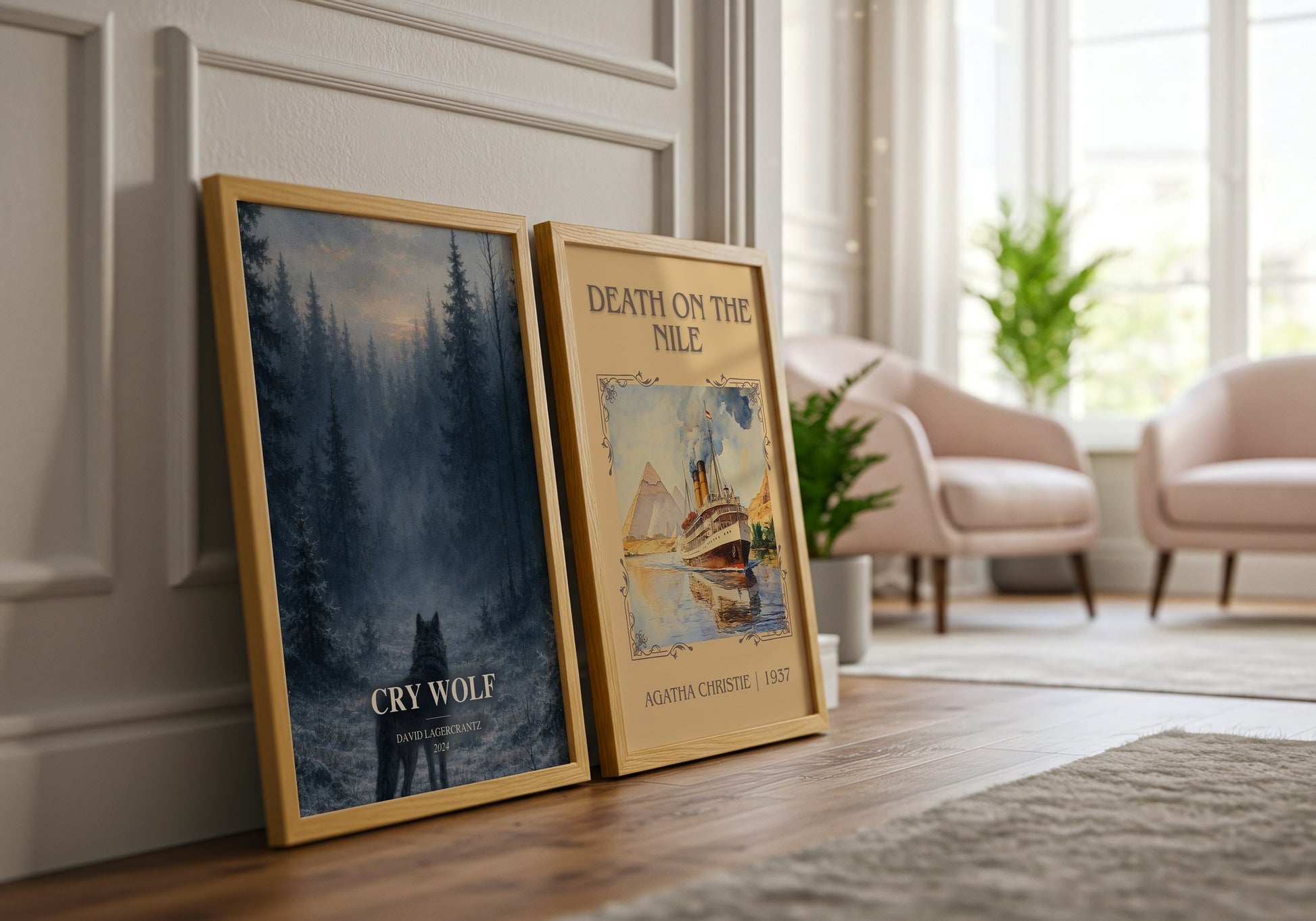 Cry Wolf watercolour print framed by window – literary home decor
