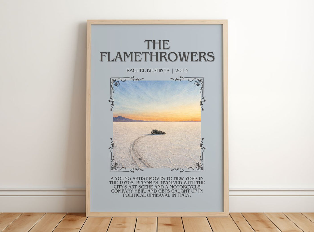The Flamethrowers Minimalist Book Poster by Rachel Kushner – framed print leaning on a wooden floor