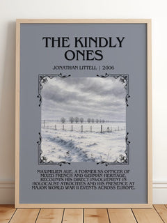 The Kindly Ones Minimalist Book Poster by Jonathan Littell – framed print leaning on a wooden floor