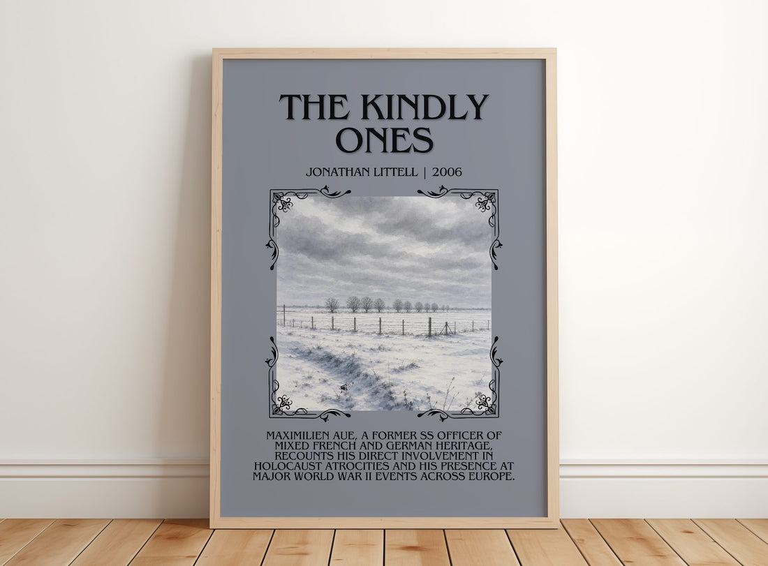 The Kindly Ones Minimalist Book Poster by Jonathan Littell – framed print leaning on a wooden floor