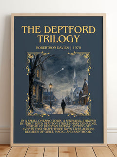 The Deptford Trilogy Minimalist Book Poster by Robertson Davies – framed print leaning on a wooden floor