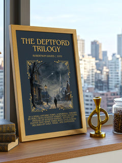 The Deptford Trilogy Minimalist Book Poster by Robertson Davies – framed print on a city-view windowsill