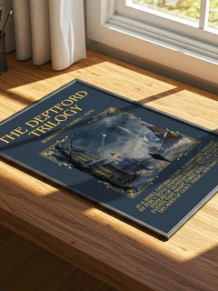 The Deptford Trilogy Minimalist Book Poster by Robertson Davies – print on a sunlit desk