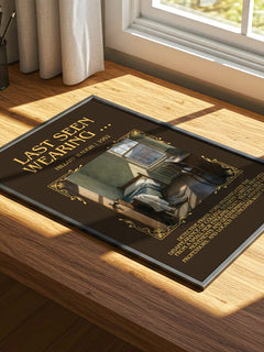Last Seen Wearing ... Minimalist Book Poster by Hillary Waugh – print on a sunlit desk