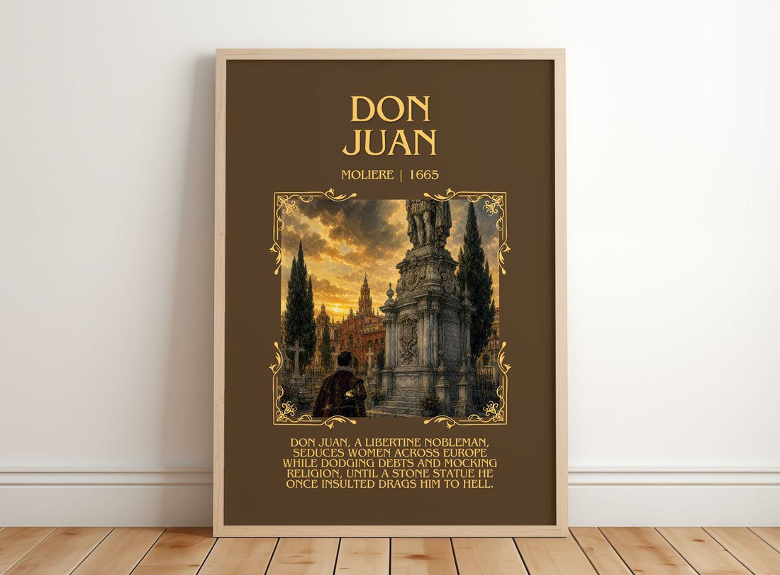Don Juan Minimalist Book Poster by Molière – framed print leaning on a wooden floor