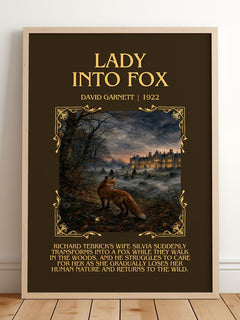 Lady into Fox Minimalist Book Poster by David Garnett – framed print leaning on a wooden floor
